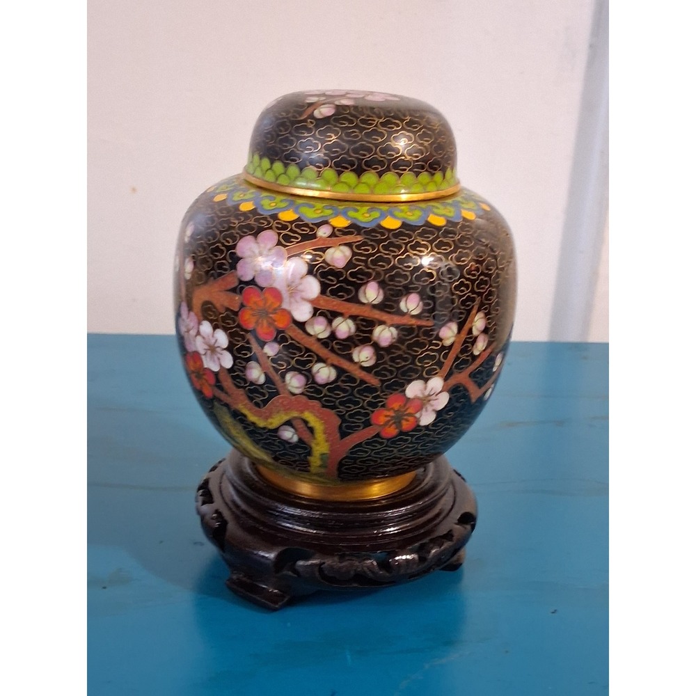 Vintage Chinese Cloisonne Ginger Jar Black Cherry Blossom Floral with Wood Stand
